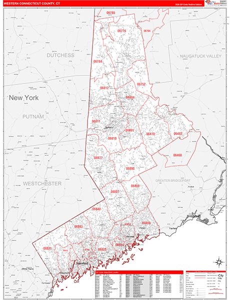 Western Connecticut County, CT Carrier Route Wall Map